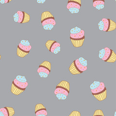 Seamless pattern with sweet cupcakes on grey backround. Vector illustration.