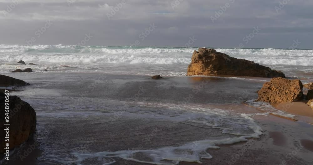 Wall mural The rocky coast of Portugal, waves of Atlantic Ocean, nobody, soft light