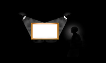 Spotlights illuminate a blank framed area that can be used to add text or art in a layout. A man in silhouette looks toward the frame.