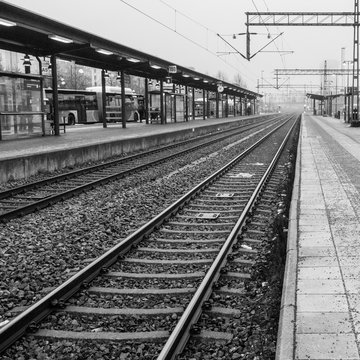 leading lines to the vanishing point - railway tracks in link&ouml;ping sweden