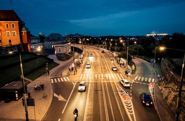 night view on Warsaw from the bridge of the central square, Poland