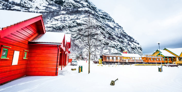 Flam, Norway - December 28, 2014: Station old Fl&Atilde;&yen;m Railway. The Fl&Atilde;&yen;m Line (Norwegian: Fl&Atilde;&yen;msbana) is a 20.2-kilometer long railway line between Myrdal and Fl&Atilde;&yen;m in Aurland, Norway.