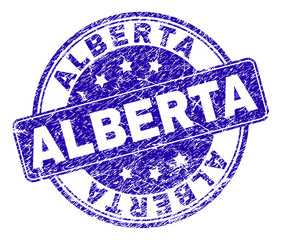 ALBERTA stamp seal imprint with grunge texture. Designed with rounded rectangle and circles. Blue vector rubber watermark of ALBERTA caption with grunge texture.