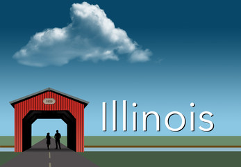 Obraz premium Illinois is featured in this rural themed poster. A red covered bridge, blue sky, a stream and flat grassland are the background for a young couple together inside the bridge.