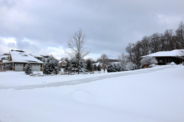 Midwest winter nature background. Morning landscape with cloudy sky over private houses neighborhood covered by fresh snow.