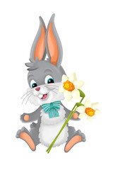cartoon happy easter rabbit with basket full of easter eggs on white background - illustration for children