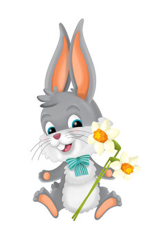 cartoon happy easter rabbit with basket full of easter eggs on white background - illustration for children