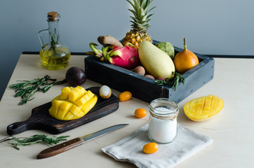 Citrus fruits on a brown wooden table