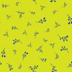 Blue leaves on green background seamless pattern.