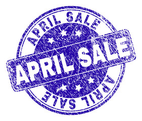 APRIL SALE stamp seal watermark with distress texture. Designed with rounded rectangle and circles. Blue vector rubber watermark of APRIL SALE text with unclean style.