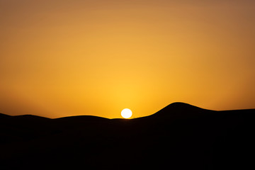 Sunrise in desert Sahara with beatiful curves of dunes