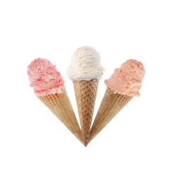 Vanilla, raspberry and peach ice cream scoop with cone isolated on white background