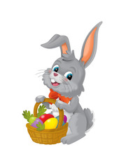 The happy easter rabbit with basket full of eggs on white background - illustration for the children