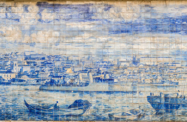 The vintage blue tile art in Lisbon streets, Portugal, Europe