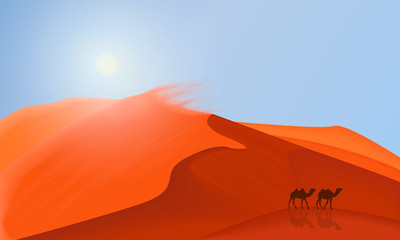 Fototapeta na wymiar Desert dunes landscape background with camels walking in the desert . Simple flat minimalism illustration.
