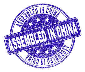 ASSEMBLED IN CHINA stamp seal watermark with grunge texture. Designed with rounded rectangle and circles. Blue vector rubber watermark of ASSEMBLED IN CHINA text with unclean texture.