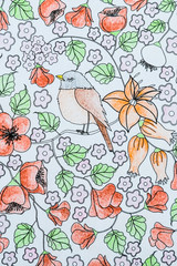Fototapeta na wymiar Arrière plan décor avec fleurs et oiseau