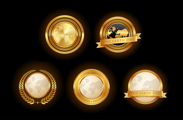 Set of golden earth emblem. Isolated Vector.
