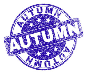 AUTUMN stamp seal watermark with grunge texture. Designed with rounded rectangle and circles. Blue vector rubber watermark of AUTUMN caption with dust texture.