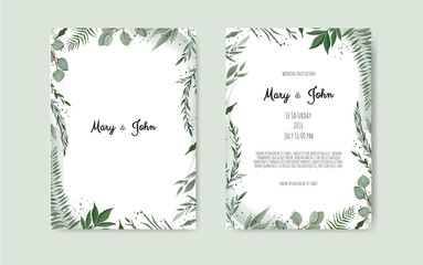 Botanical wedding invitation card template design, white and pink flowers on white background.