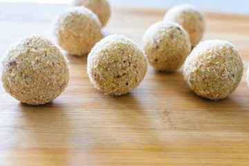 Close up of fish balls on wooden background