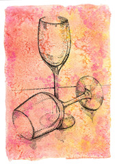 Two hand dot drawn transparent wine  glasses on abstract watercolor background pattern in warm colors