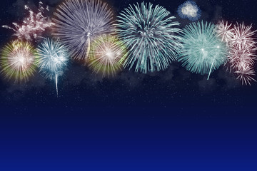 An illustration of beautiful firewroks on a blue background with stars