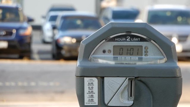 4K Car And School Bus Drive By Gray Grey Parking Meter