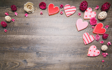 Heart shaped cookies on a rustic wood background for Saint Valentine's Day. Valentines Day background