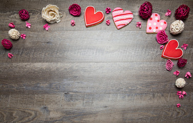 Heart shaped cookies on a rustic wood background for Saint Valentine's Day. Valentines Day background