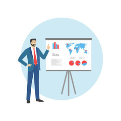 Man with pointer in presentation stand . Business lecture, seminar, report, presentation, coaching, meeting.  Male in Business Suit with Pointer 