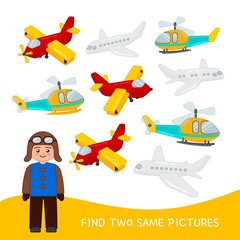 Educational  game for children. Find two same pictures. Kids activity with cartoon planes.