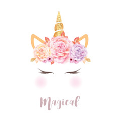  Cute unicorn graphics with flower wreath and golden glitter © lukasdedi