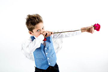 Boy aiming with a rose arrow on Valentine Day