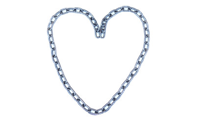 Steel chain Placed as a heart on the white background, valentine day love concept