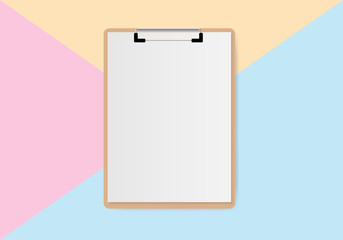 Clipboard with white sheet on pastel color background, Minimal concept. Vector illustration