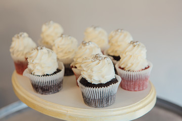 Tasty cupcakes with cream cheese frosting. Homemade cupcakes on rustic wooden board. Cupcakes for party.