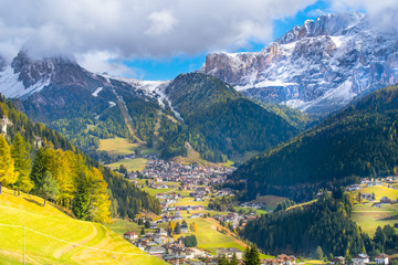 Beautiful landscape of Santa Cristina Val Gardena village in Trentino Alto Adige, Italy