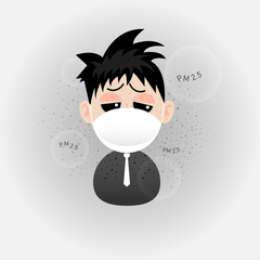 Cartoon man is wearing n95 mask to protect outdoor air pollution. PM 2.5 in dust meter.