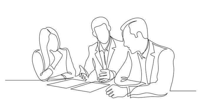 Self drawing line animation of business partners discussing details of work contract