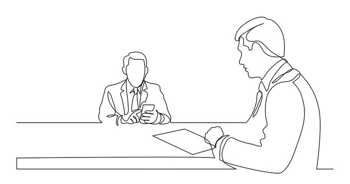 Self drawing line animation of manager helping employee pointing at laptop computer