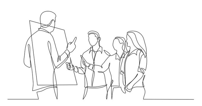 Self drawing line animation of modern startup team members discussing near whiteboard