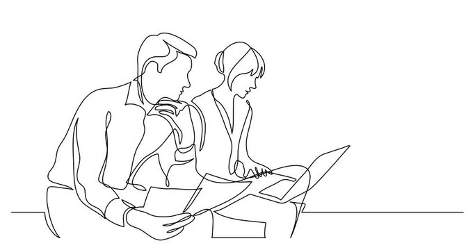 Self drawing line animation of two modern employees talking about smart phone app