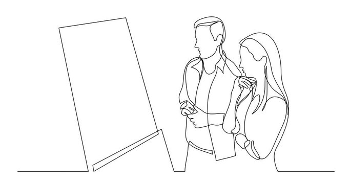 Self drawing line animation of two modern employees thinking watching at whiteboard presentation