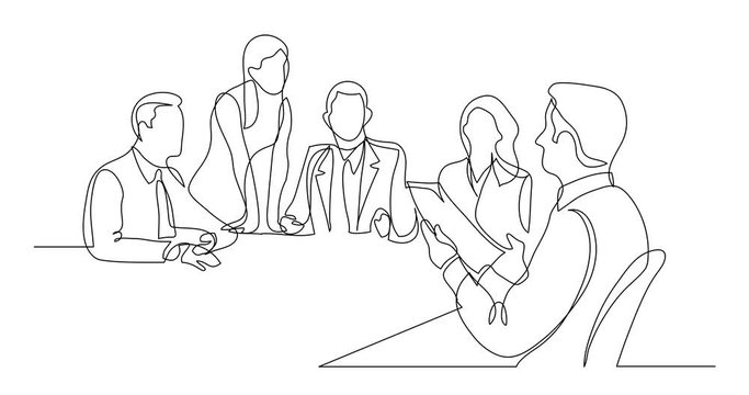 Self drawing line animation of work group talking during business meeting
