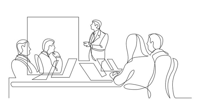 Self drawing line animation of work group watching presentation during team meeting