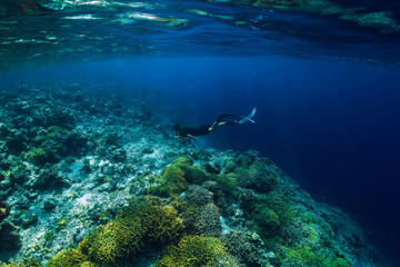 Free diver dive in ocean, underwater view with rocks