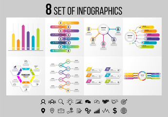 Set Of 8 Infographics Elements Vector Design Template. Business Data Visualization Infographics Timeline with Marketing Icons most useful can be used for workflow, presentation, diagrams, reports