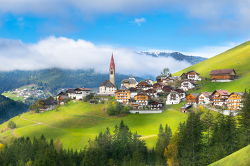 Beautiful view of Pieve di Marebbe Enneberg Pfarre village in Trentino Alto Adige - Bolzano, Italy - obrazy, fototapety, plakaty
