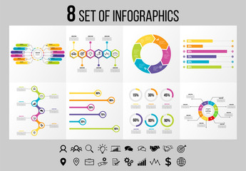 Set Of 8 Infographics Elements Vector Design Template. Business Data Visualization Infographics Timeline with Marketing Icons most useful can be used for workflow, presentation, diagrams, reports